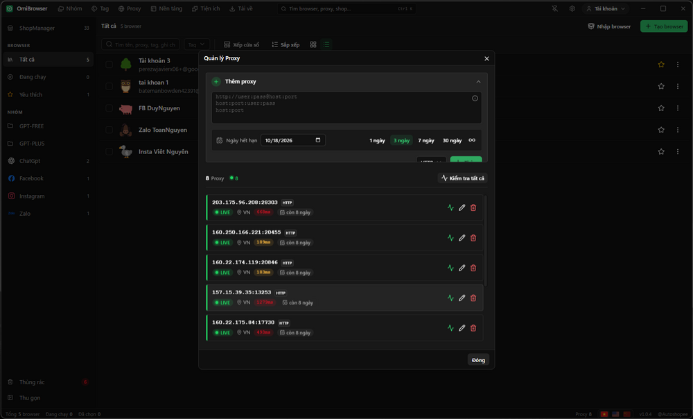 Quản lý danh sách proxy – giao diện OmiBrowser