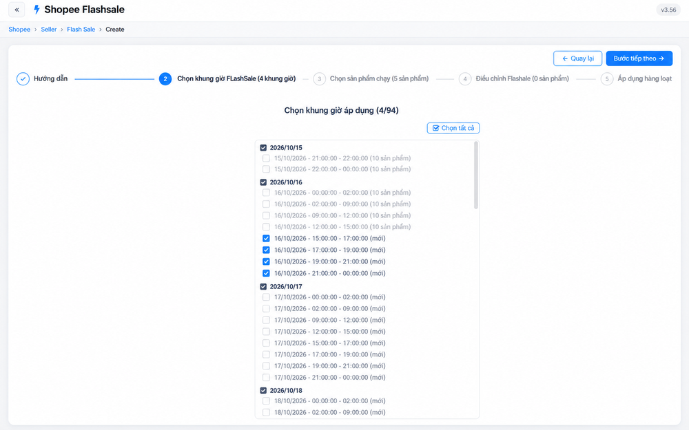 Chọn đa khung giờ Flash Sale tự động – giao diện Extension