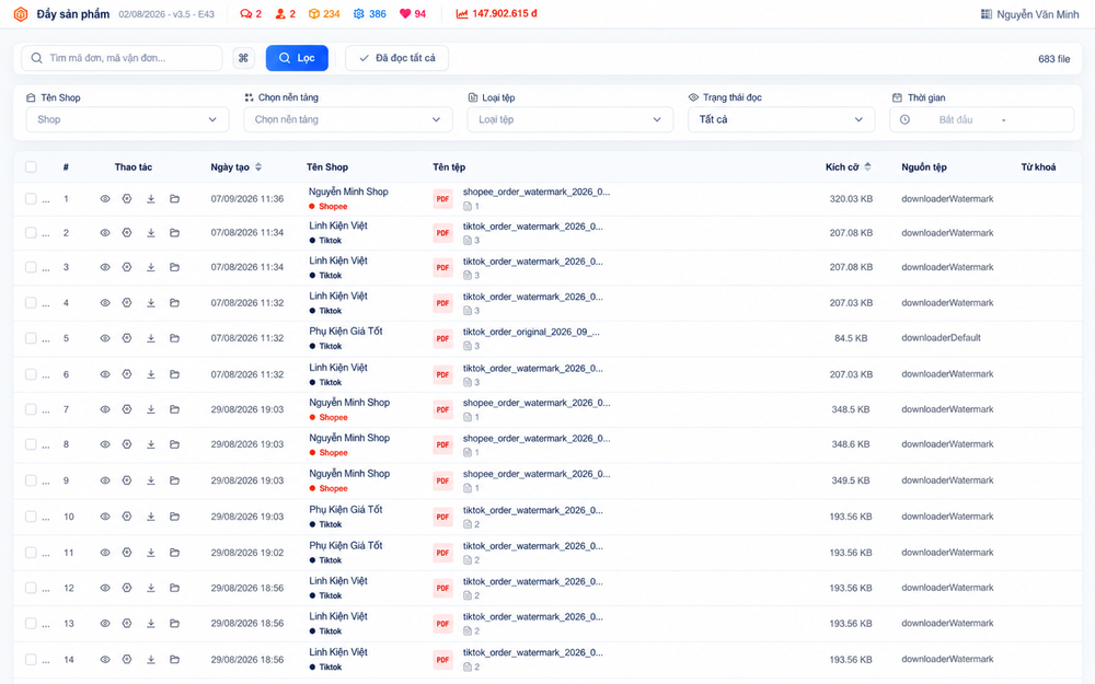 Lịch sử file in – giao diện Shop Manager