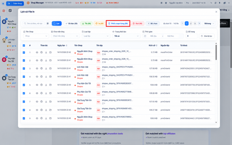 Tạo phiếu soạn hàng từ file in – màn hình Shop Manager